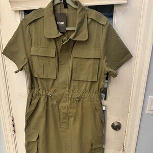 LORAGAL Green Stand Collar Midi Dress